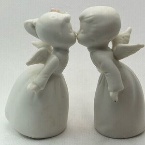 Vintage Angels Kissing White Ceramic Figurines Flowers Numbered Christmas Lot 2